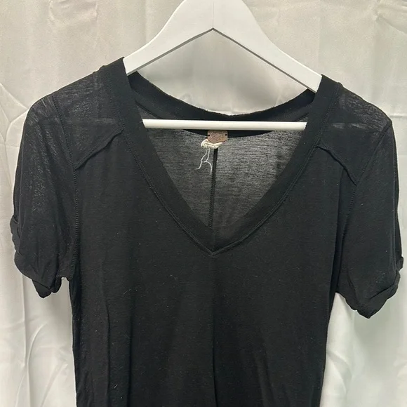 We The Free Black Semi Sheer High Low V-Neck Short Sleeve Tee - Picture 1 of 7
